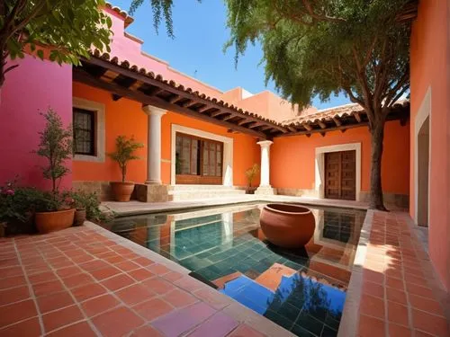 DISEÑO DE UNA CASA ESTILO MEXICANO MODERNO, CON UN CLAUSTRO CONFORMADO POR UNA TERRAZA  A BASE DE VIGAS DE MADERA, TEJA, COLUMNAS REDONDAS, EN EL CENTRO UN ESPEJO DE AGUA, CON EL ESTILO DE LA ARQUITEC