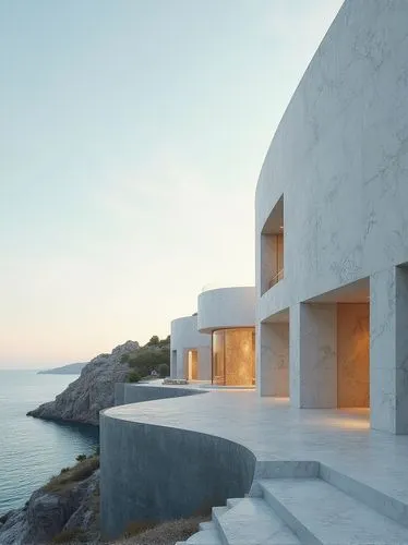 Distant view, exterior of an art museum, created with marble stone, natural light, located along the cliff, below is the sea,an modern house overlooking the ocean with stairs,snohetta,amanresorts,expo