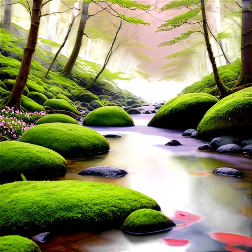 moss landscape,mountain stream,nature background,brook landscape,green forest,forest landscape,flowing creek,streamside,swampy landscape,forest moss,cartoon video game background,elven forest,world digital painting,streams,forestland,fairy forest,verdant,river landscape,green landscape,nature wallpaper,Illustration,Retro,Retro 09