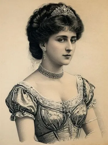 Black and white steel engraving, 1900: MARY (née von Teck), then Princess of Wales,a black and white po of a woman wearing a tiara,vintage female portrait,miss circassian,yakimova,edwardian,victorian 