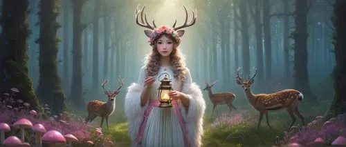 fantasy picture,deer illustration,priestess,fantasy art,fantasy portrait,faerie,faun,the enchantress,dryad,faery,druid,young-deer,fairy queen,sorceress,elven forest,elven,holy forest,druids,deer,goatflower,Illustration,Realistic Fantasy,Realistic Fantasy 08