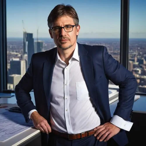 Middle-aged man, Dean Robb, architectural designer, mature, bespectacled, short brown hair, stubble, white shirt, black tie, dark blue suit, leather shoes, standing, holding a blueprint, office interi