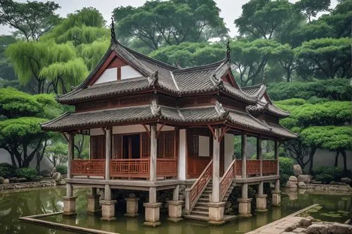 an oriental style pavilion with wood stairs over water,asian architecture,the golden pavilion,golden pavilion,suzhou,shuozhou,japanese shrine,Photography,General,Realistic