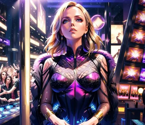 charlize theron long hair, night club dj,a women who is wearing a purple outfit,valerian,superhero background,madelyne,dazzler,cortana,superwasp,Anime,Anime,General