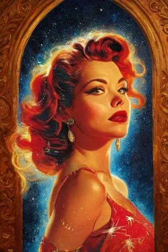 painting of a woman with bright red hair wearing a dress and pearls,satine,tretchikoff,hildebrandt,dixit,andromeda,chandra