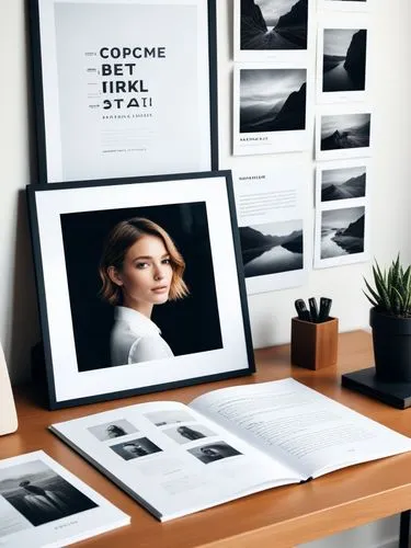 Create an elegant portfolio that showcases your best work.,a desk topped with an open book and framed pictures,pencil frame,watercolor frames,photo frames,frame mockup,white frame,picture frames