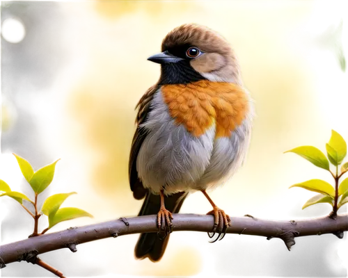 Small bird, perched on a thin branch, tweeting sounds, bright yellow beak, shiny black eyes, fluffy feathers, brown wings, tiny legs, green leaves background, warm sunlight, shallow depth of field, 3/