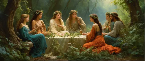 holy supper,druids,apollo and the muses,holy forest,nativity of jesus,nativity of christ,christ feast,pentecost,hare krishna,secret garden of venus,garden of eden,communion,celtic woman,disciples,eucharist,holy communion,paganism,last supper,the magdalene,fairy forest,Conceptual Art,Fantasy,Fantasy 05