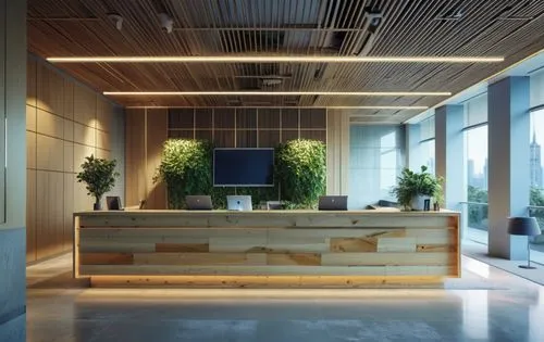 lobby, reception desk , luxury japan light style, craft paper, geometry,light white ceiling,a very nice looking office with some potted plants on the wall,modern office,conference room,headoffice,meet