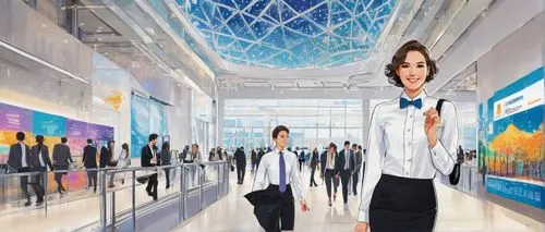 Modern convention center, 2017 career fair, solo young adult, male/female, suit, white shirt, tie/bowtie, black pants/skirt, blazer, loafers/high heels, holding ticket/program, standing, walking, smil