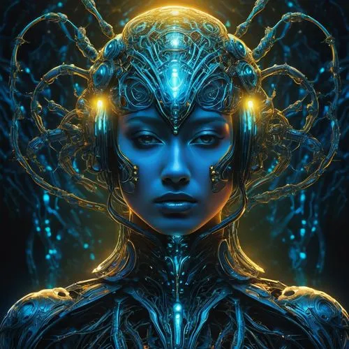 An image of a captivating mycelium biomorphic cyborg adorned with cybernetic beetle implants, exuding a mesmerizing glow that highlights the seamless integration of organic and cybernetic elements, de