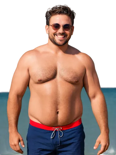 Muscular man, overweight, bathing suit, sunglasses, messy hair, beard, smiling face, relaxed posture, hands on hips, standing, beach setting implied, warm sunlight, 3/4 composition, shallow depth of f