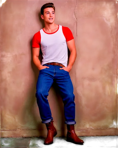 Male model, photography studio, solo, (25yo), strong jawline, short messy hair, subtle facial hair, casual smile, athletic build, white tank top, distressed denim jeans, brown boots, relaxed posture, 