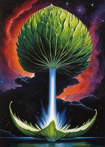 sacred fig,fig tree,datura,tree mushroom,earth chakra,flying seed,broccoflower,tree of life,mushroom cloud,lotus,flourishing tree,nelumbo,sacred lotus,magic tree,brugmansia,moonflower,artichoke,flying seeds,anahata,barbary fig,Conceptual Art,Sci-Fi,Sci-Fi 20