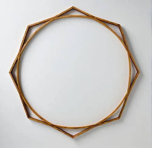 A frame made of wood against a white background,wood pieces arranged in a circle on a wall,circle shape frame,heart shape frame,oval frame,openwork frame,bamboo frame,copper frame,Conceptual Art,Sci-F