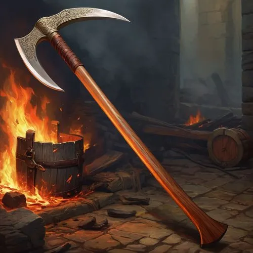 quarterstaff,battle axe,battleaxe,glaive,scythes,swordsmith,pickaxe,longsword,halberd,reforged,medieval weapon,cudgel,blacksmithing,burning torch,falchion,tomahawk,scythe,flaming torch,torchbearer,polearms,Conceptual Art,Fantasy,Fantasy 18