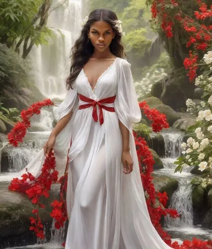 The cascade of a slender white gown adorned with a regal ribbon floats in the midst of a lush garden. The body of the dress red is a mix of browns and golds, and a pair of flowing ribbons hang from th