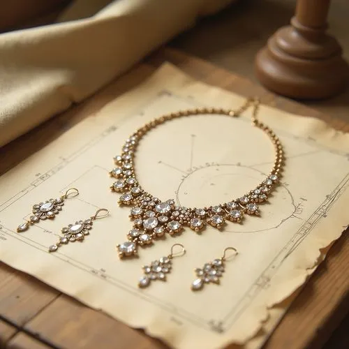 A jewelry designer's workbench. On the table is a paper with drawn sketches of jewelry and gemstones. Photorealistic. beige tones.






,a fancy necklace with several earring pieces sitting on top of