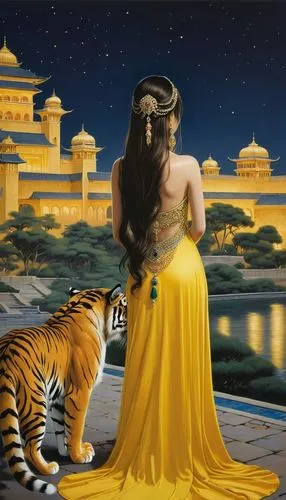 fantasy picture,indian art,draupadi,radha,tigress,sarees,Illustration,Realistic Fantasy,Realistic Fantasy 08