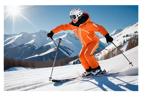 winter sports, skiing, solo, young adult, athletic build, bright orange ski jacket, white snow pants, goggles, helmet, skis, poles, snowy mountain slope, dynamic pose, action shot, morning sunlight, s