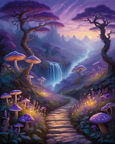 mushroom landscape,fantasy landscape,purple landscape,fairy world,fairy forest,fairy village,mushroom island,fantasy picture,elven forest,cartoon video game background,futuristic landscape,enchanted forest,fairyland,zoombinis,fairytale forest,3d fantasy,elves country,fantasy art,alien world,shrooms,Illustration,Realistic Fantasy,Realistic Fantasy 04