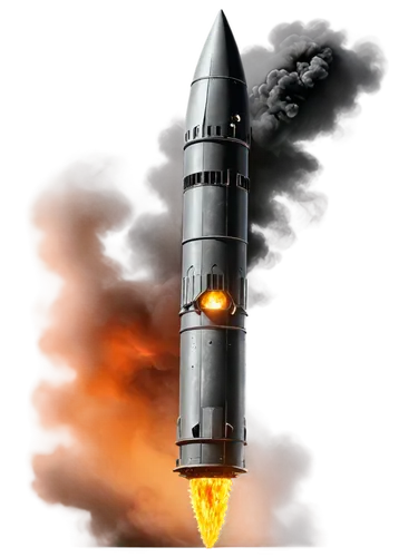 Missile SFX, metallic material, sleek structure, silver and black color, detailed rivets, explosive flames, smoke trails, dynamic pose, 3/4 composition, low-angle shot, dramatic lighting, high-contras