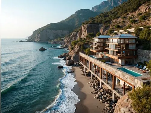 Seaside cliffside, rugged coastline, crashing ocean waves, salty sea air, beachfront properties, modern coastal architecture, large glass windows, wooden decks, nautical-themed decorations, seaside bo