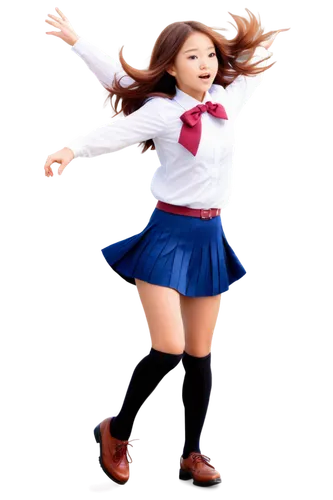 Colorful anime style, vibrant hair clips, sparkly eyes, rosy cheeks, Japanese school girl uniform, white blouse, short pleated skirt, knee-high socks, brown loafers, dynamic pose, jumping in air, wind