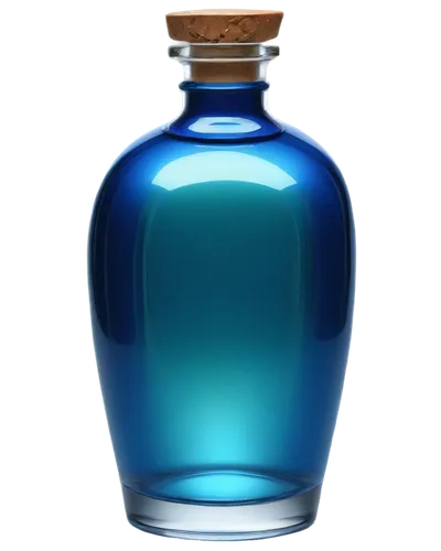 Transparent glass container, filled with shimmering blue liquid, rounded bottle shape, reflective surface, subtle gradient effect, soft focus, warm lighting, 3/4 composition, shallow depth of field, r