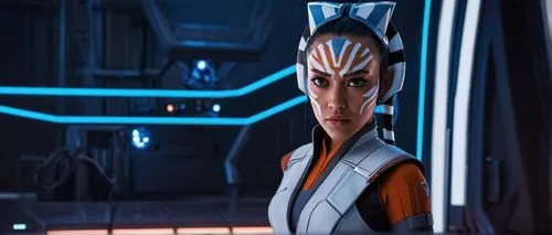 Ahsoka Tano, AI, young adult, Asian, beautiful detailed eyes, sharp jawline, short black hair, ponytail, white and blue jumpsuit, utility belt, holsters, blasters, confident posture, standing, futuris