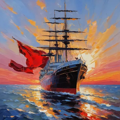 scarlet sail,red sail,sea sailing ship,full-rigged ship,royal mail ship,training ship,sail ship,tallship,sailing ship,arthur maersk,tall ship,sea fantasy,victory ship,caravel,barque,lightship,ship,inflation of sail,arnold maersk,sailer,Conceptual Art,Oil color,Oil Color 10