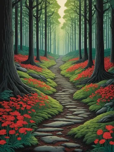 forest path,forest road,pathway,way of the roses,tree lined path,forest landscape,Illustration,American Style,American Style 15