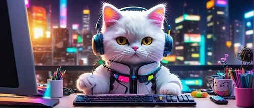 Cute AI cat, meme face, cartoonish eyes, fluffy white fur, pink nose, sitting posture, front legs crossed, wearing a miniature CPU headset, surrounded by coding books and wires, messy desk, laptop scr