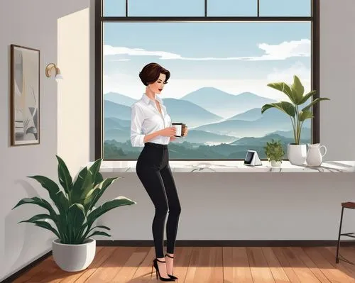 woman drinking coffee,coffee tea illustration,blur office background,vettriano,coffee background,window sill,work from home,modern office,windowsill,fashion vector,camera illustration,low poly coffee,frame illustration,work at home,woman holding a smartphone,modern room,modern style,cortado,background vector,game illustration,Unique,Design,Sticker