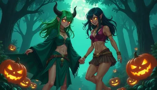 A nerdy, green-haired, horned, barefoot, evil druid girl, wearing Gothic jewelry, dark-emerald robes, and a jack-o-lantern mask, with a muscular ebony-tan Polynesian woman, wearing a studded-leather v