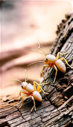 Termites, insects, tiny, swarming, white bodies, dark heads, antennae, six legs, wood debris, damaged wood, holes in wood, crawling, marching, close-up, macro shot, shallow depth of field, natural lig