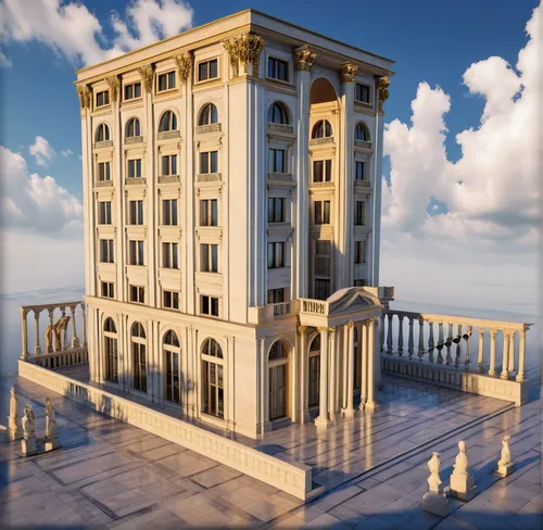 renaissance tower,europe palace,3d rendering,palazzo,celsus library,classical architecture,3d albhabet,ancient roman architecture,venetian hotel,city palace,sky apartment,3d model,stalin skyscraper,3d render,marble palace,the skyscraper,largest hotel in dubai,islamic architectural,model house,qasr al watan,Photography,General,Realistic