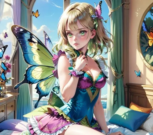 Alice Eve,  sexy fairy, monach butterfly wings, bedroom,beautiful  hand,a fairy girl sitting on top of a bed,inotera,butterfly background,julia butterfly,aurora butterfly,mariposa,c butterfly,Anime,An