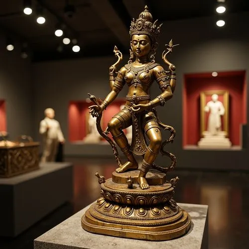 Ancient bronze statue, intricate ornate details, warm golden color, metallic sheen, rough stone pedestal, museum exhibition hall, softbox lighting, shallow depth of field, 1/1 composition, realistic t