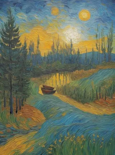 painting in the style of Vincent van Gogh,a painting of a boat sitting in a river,boat landscape,gogh,vincent van gough,river landscape,post impressionism,vincent,oil on canvas,oil painting on canvas,