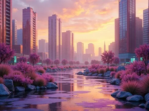 futuristic landscape,shanghai,guangzhou,dusk,fantasy city,virtual landscape,cityscape,oasis,chengdu,uzak,fantasy landscape,purple landscape,waterscape,songdo,busan,dubai,microdistrict,doha,lake shore,colorful city