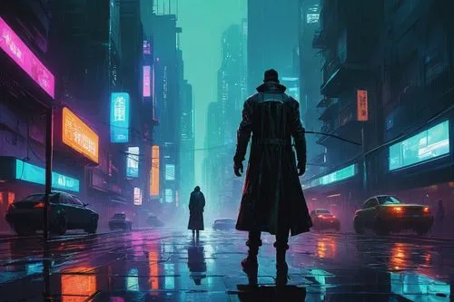 cyberpunk,transistor,dystopian,pedestrian,walking in the rain,walking man,the wanderer,wanderer,pedestrians,dystopia,futuristic,shinjuku,sci fiction illustration,cityscape,tokyo city,stranger,metropolis,sentinel,matrix,vapor,Illustration,Paper based,Paper Based 05