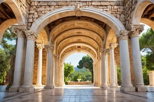 Ancient Greek arch, ornate columns, marble material, intricate carvings, symmetrical structure, grand entrance, majestic atmosphere, natural light pouring in, high ceilings, detailed stone walls, vibr