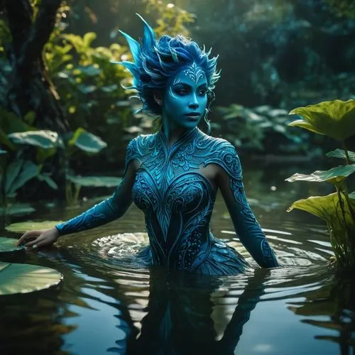 blue enchantress,water nymph,avatar,water creature,water lotus,merfolk,mystique,fantasia,fae,3d fantasy,the enchantress,dryad,rusalka,bodypaint,faerie,lagoon,water rose,water-the sword lily,indigo,swamp,Photography,General,Fantasy