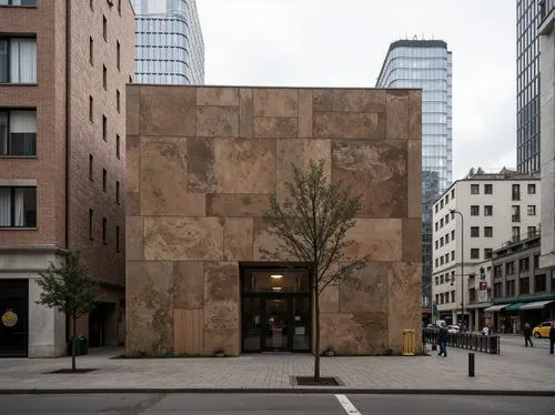 Rustic fiber-cement facade, textured roughness, earthy tone, industrial aesthetic, modern brutalism, urban architecture, cityscape background, overcast sky, soft diffused lighting, shallow depth of fi