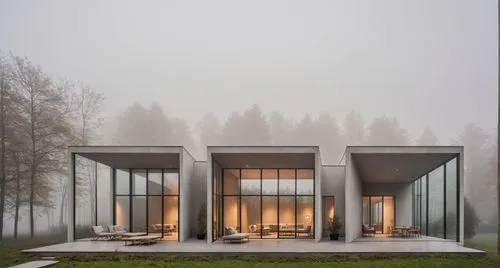 two houses sitting on top of a grass covered field,mirror house,forest house,cubic house,modern house,modern architecture,snohetta,Photography,General,Realistic