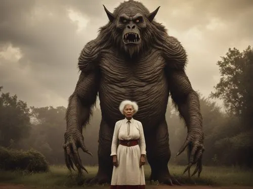 Old balinese woman standing next to a giant monster, in the style of contemporary vintage photography, necronomicon illustrations, tabletop photography, 1890, hyperrealistic animal portraits, ghostly 