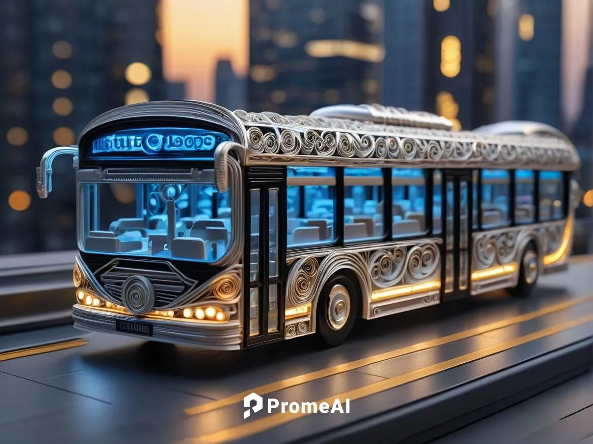 Futuristic 1553 bus, sleek silver body, curved lines, LED headlights, glowing blue strips, shiny wheels, urban cityscape, metropolitan skyscrapers, evening rush hour, golden lighting, misty atmosphere