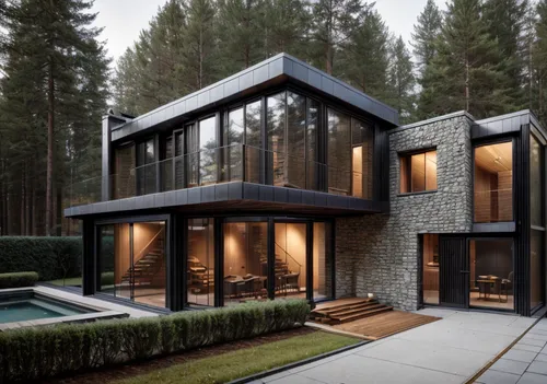 use bricks in some of the facades,forest house,timber house,modern house,cubic house,modern architecture,prefab,house in the forest,frame house,3d rendering,wooden house,bohlin,chalet,render,prefabric