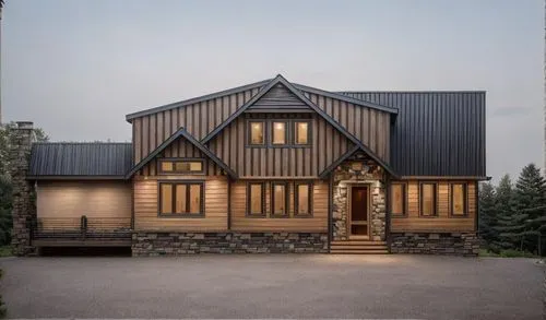 black metal roof
black window trim
beige siding
sky below porch roof


,timber house,wooden house,slate roof,house shape,half timbered,new england style house,log home,gambrel,log cabin,two story hous